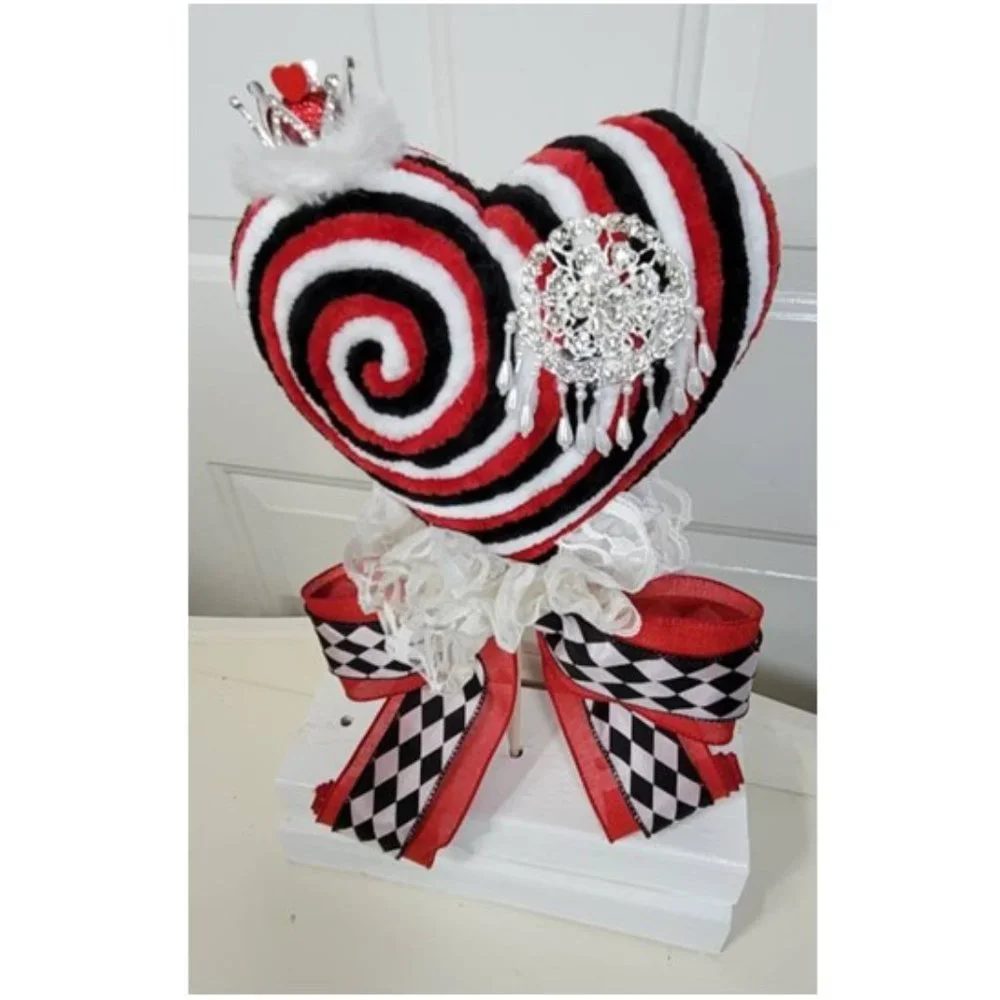 Hearts Decorative Velvety Yarn Red, Black & White Heart w Crown Lollipop & Silve